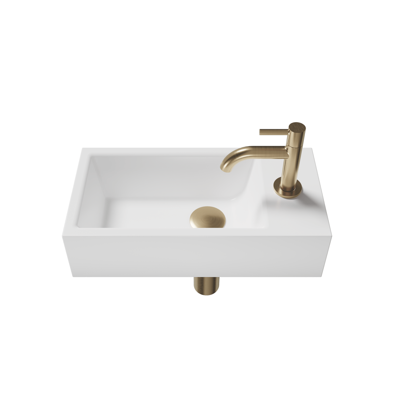 Luca Varess Cubic midi handenwasser glanzend wit Porselein rechts 40,5 x 20 cm inclusief brushed champaign gold kraan en toebehoren