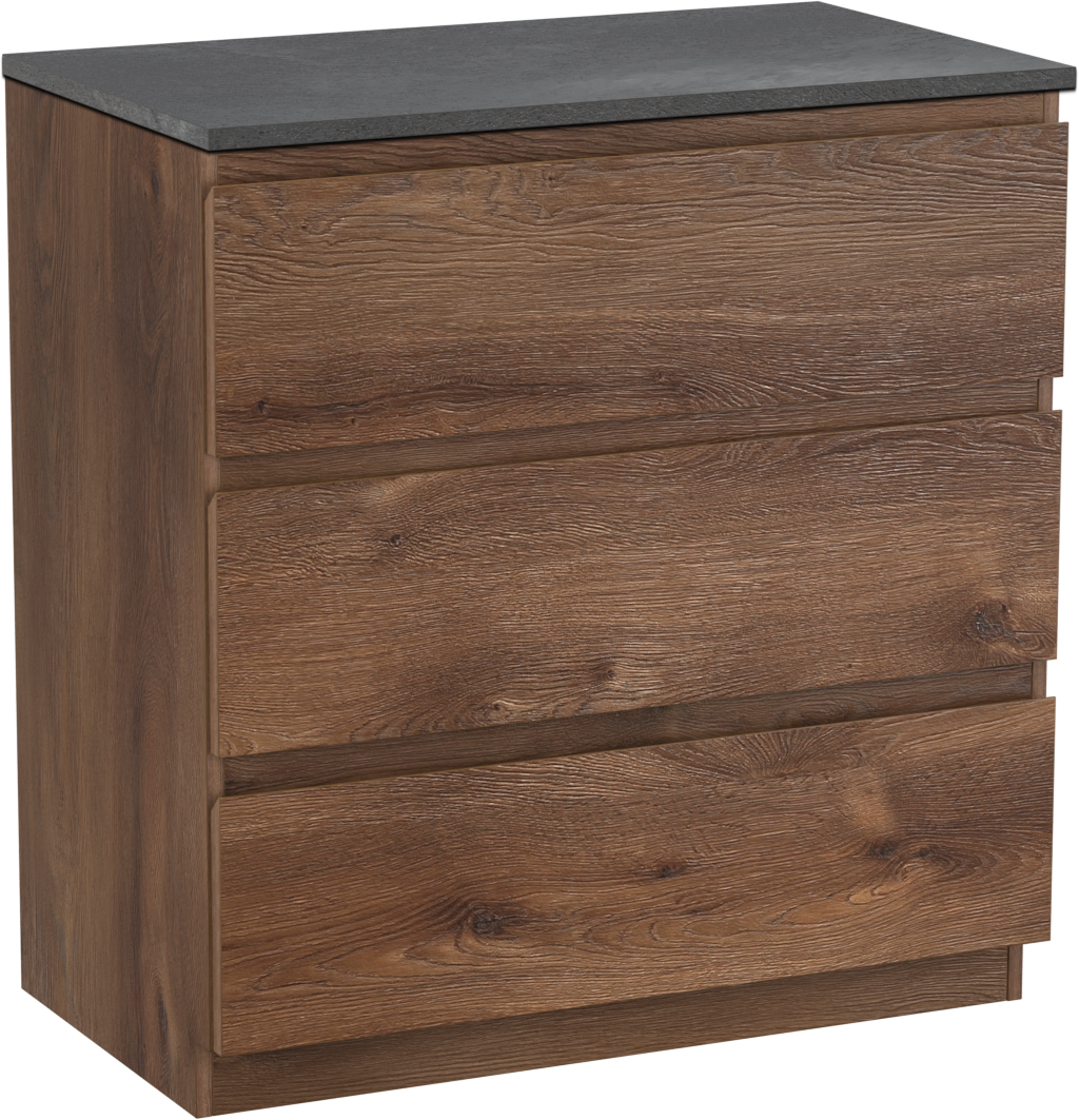 Linie Lado staand badkamermeubel 80 x 46 cm bruine eik met Lado enkel tablet in melamine leisteen grijs