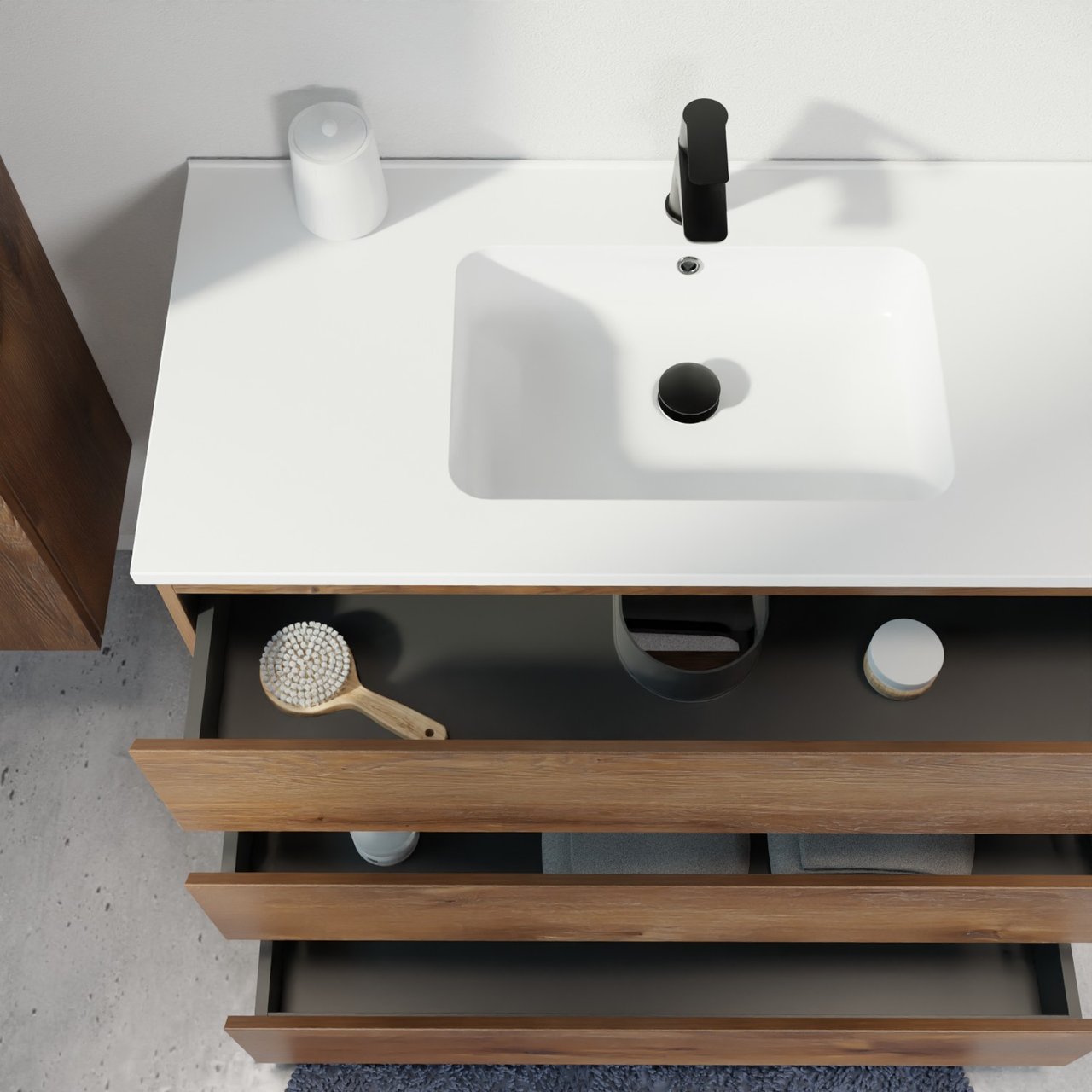 Linie Lado meuble salle de bains à poser 100 x 46 cm chêne brun avec Vano plan simple en marbre composite blanc mat