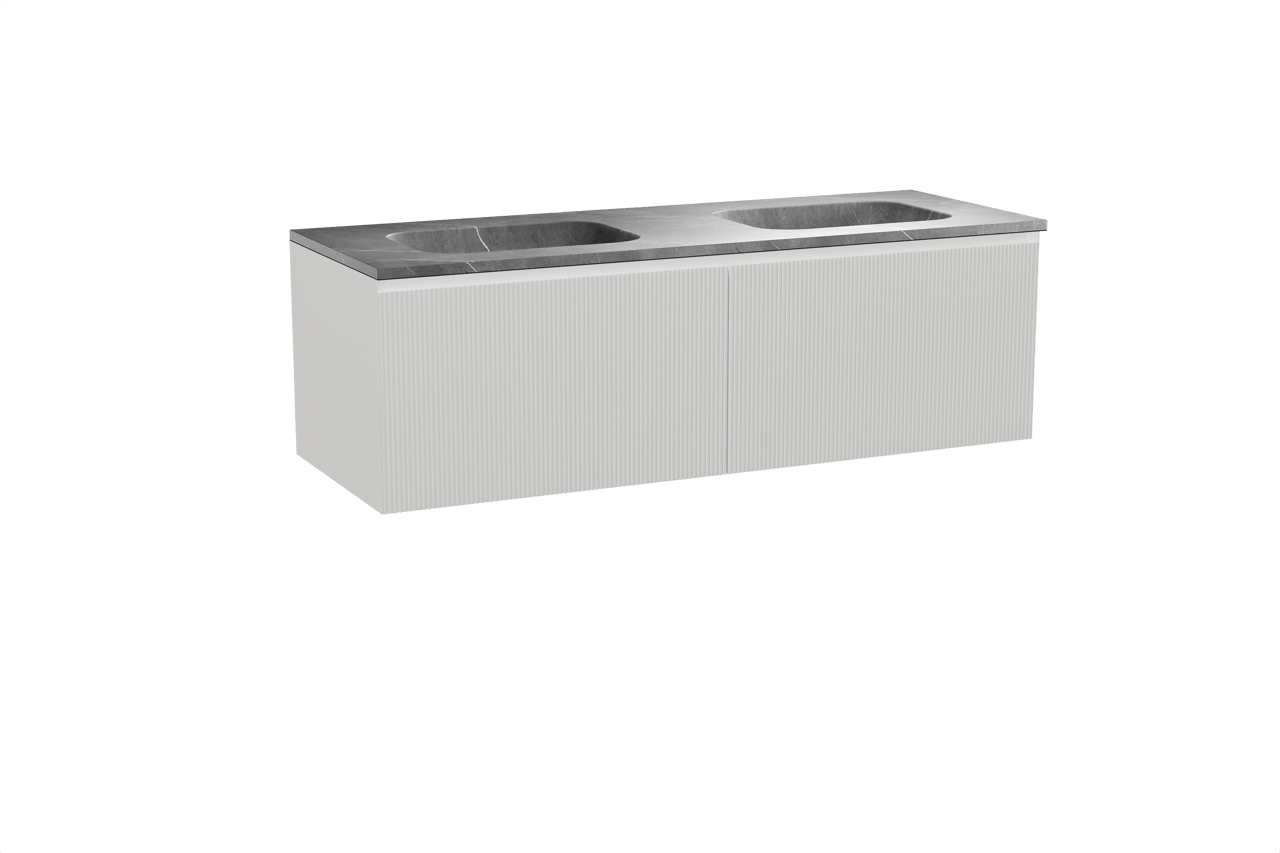 Balmani Fila zwevend badmeubel 150 x 55 cm mat wit met Tablo Arcato dubbele wastafel in marmer pietra grey, Verticale symmetrische rechte ribbel