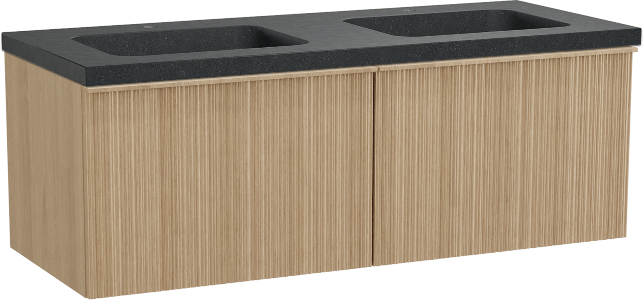 Balmani Forma zwevend badmeubel 135 x 55 cm naturel eiken met Napoli dubbele wastafel in zwart graniet, Verticale asymmetrische ronde ribbel