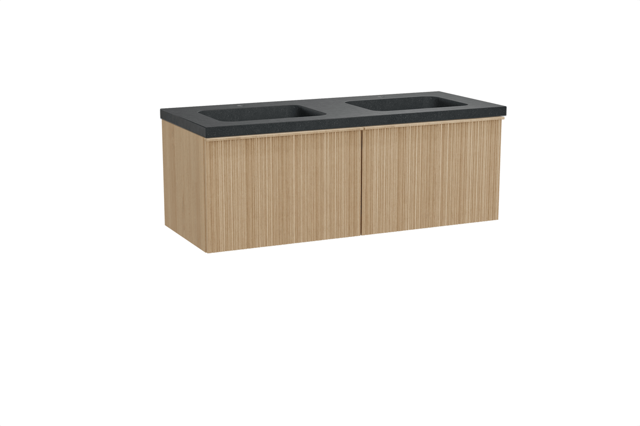 Balmani Forma zwevend badkamermeubel 135 x 55 cm natuur eik met Napoli dubbele wastafel in graniet zwart, Verticale asymmetrische ronde ribbel