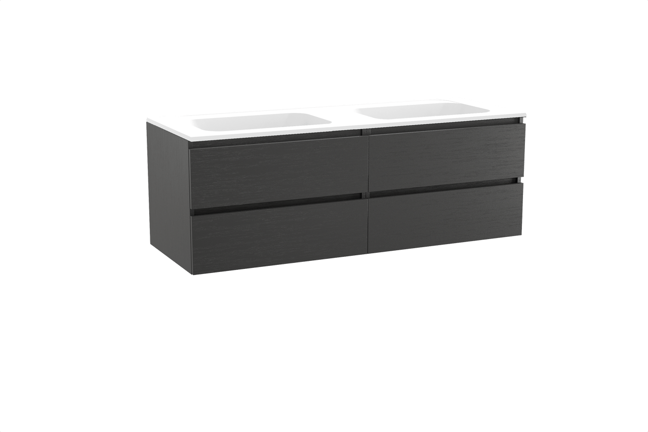 Balmani Lucida meuble salle de bains suspendu 150 x 55 cm chêne noir avec Tablo Strada double vasque en marbre composite blanc mat