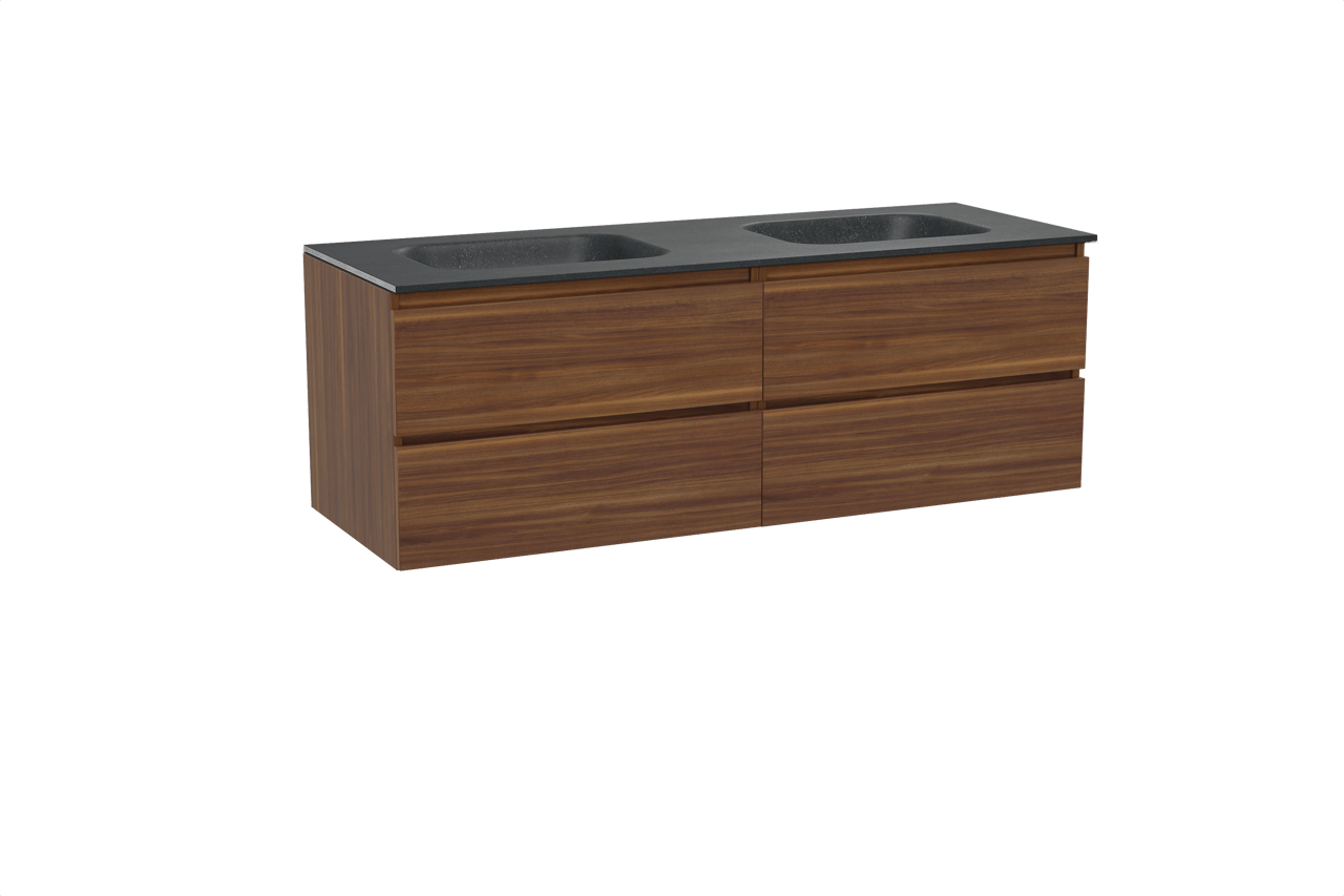 Balmani Lucida hängendes Möbelstück Set: 150 x 55 cm, Amerikanischer Nussbaum, mit Tablo Arcato Doppelwaschtisch, Schwarzes Granit