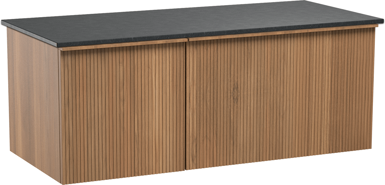 Balmani Forma zwevend badmeubel 120 x 55 cm teakhout met Stretto enkel wastafelblad in zwart graniet, Verticale symmetrische rechte ribbel