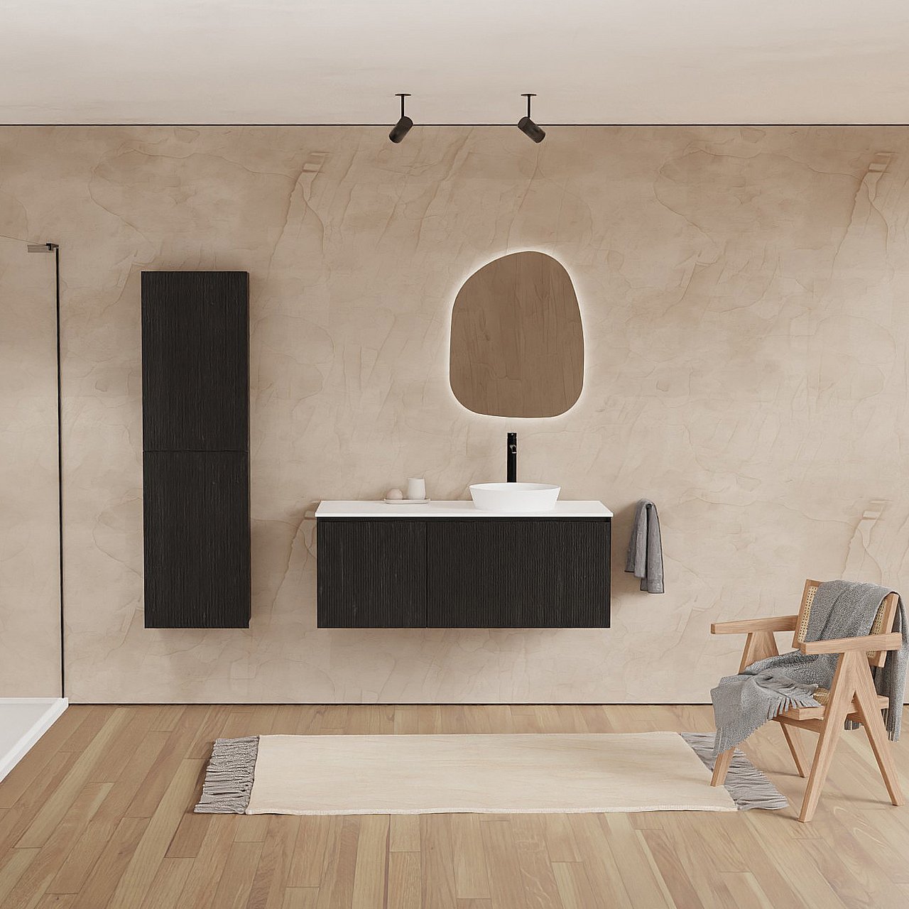 Balmani Fila zwevend badmeubel 120 x 55 cm zwart eiken met Stretto enkel of dubbel wastafelblad in solid surface mat wit, Verticale symmetrische rechte ribbel