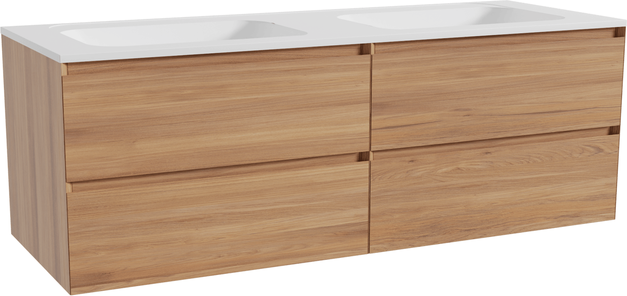 Balmani Mitra hängendes Möbelstück Set: 150 x 55 cm, Teak, mit Tablo Strada Doppelwaschtisch, Marmorkomposit Weiß matt