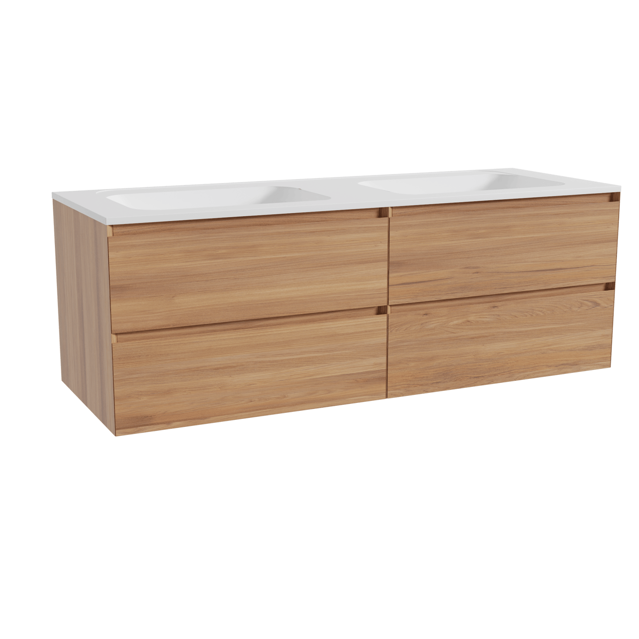 Balmani Mitra zwevend badkamermeubel 150 x 55 cm teak met Tablo Strada dubbele wastafel in composietmarmer mat wit