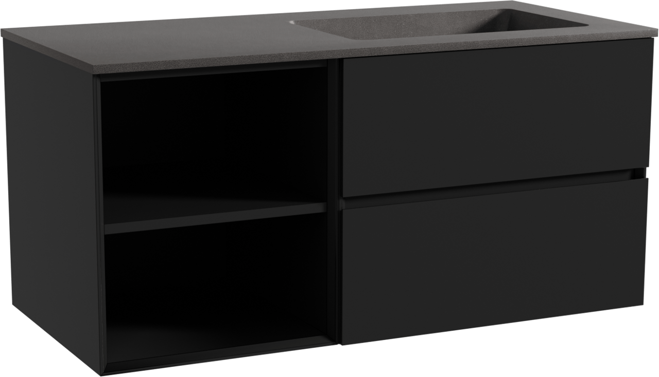 Storke Edge zwevend badmeubel 110 x 52 cm mat zwart met Scuro asymmetrisch rechtse wastafel in kwarts mat zwart