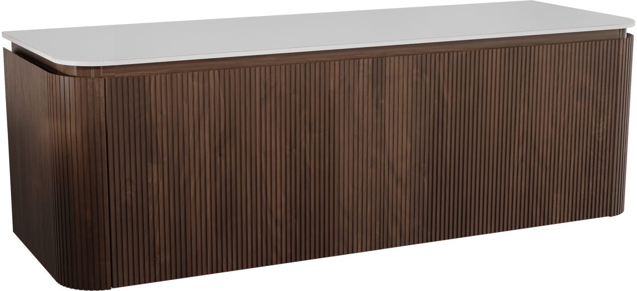 Balmani Moon zwevend badmeubel 160 x 55 cm amerikaans notenhout met Moon enkel of dubbel wastafelblad in solid surface mat wit, Verticale symmetrische rechte ribbel