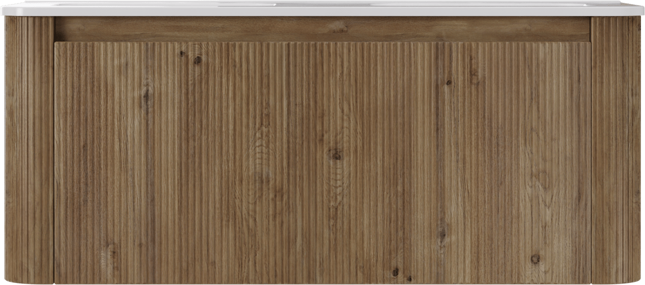 Storke Soft zwevend badmeubel 120 x 46 cm ruw eiken met Kera Soft dubbele wastafel in porselein hoogglans wit, Verticale symmetrische rechte ribbel