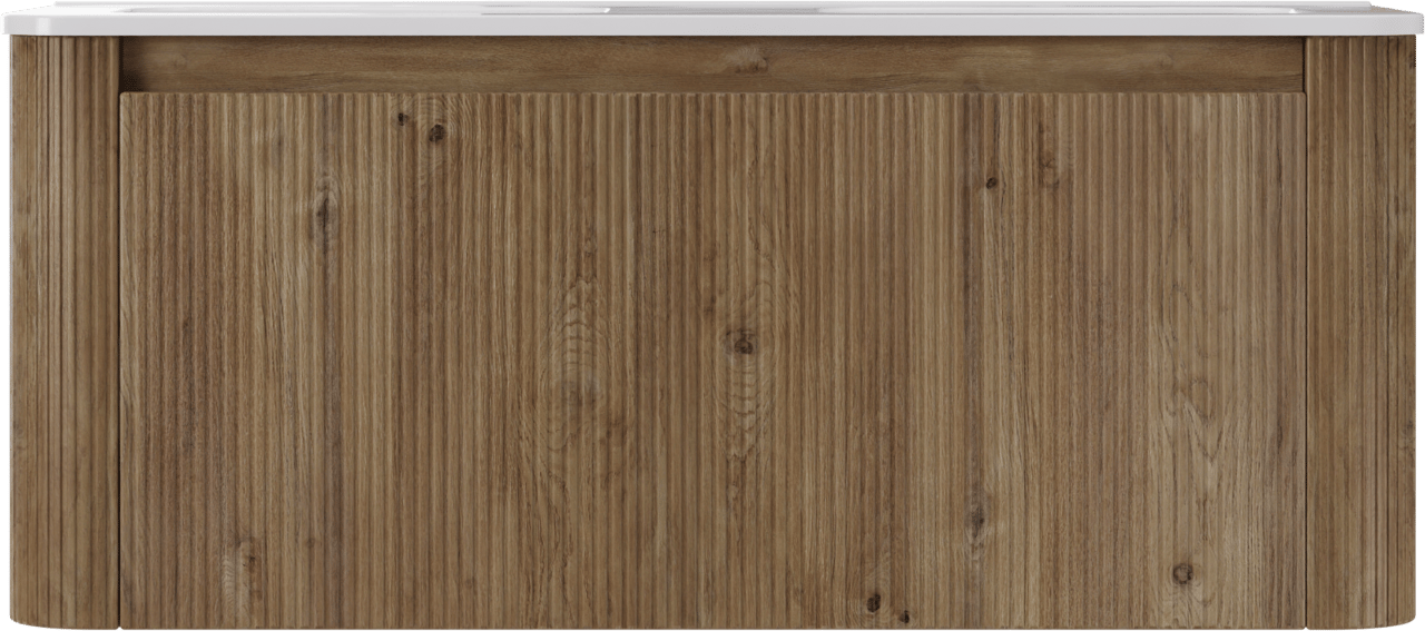 Storke Soft meuble salle de bains suspendu 120 x 46 cm chêne brut avec Kera Soft double vasque en porcelaine blanc brillant, Nervure droite symétrique verticale