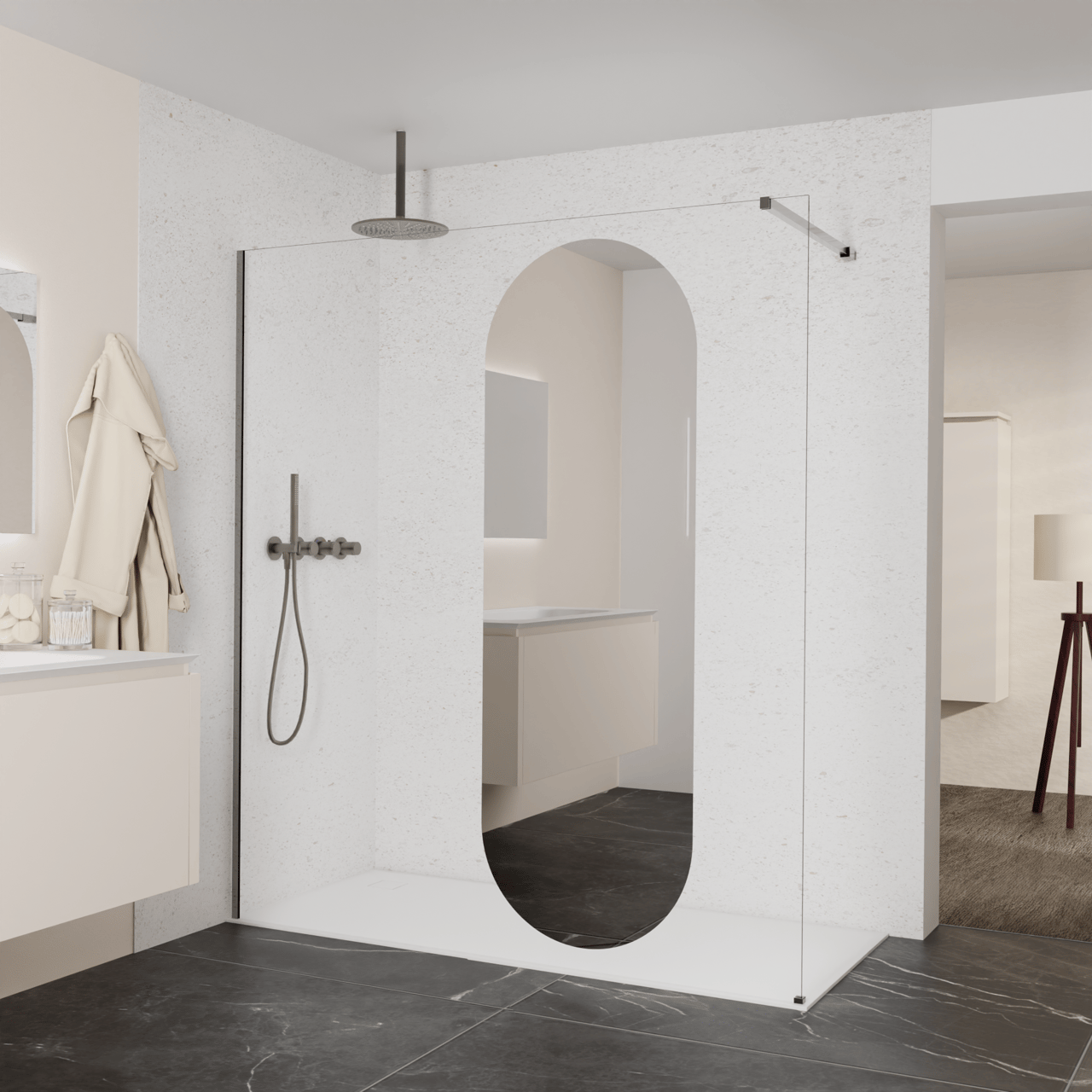 Balmani Modular Walk-In Dusche: 180 x 200 cm, Reflex-Spiegelglas Oval, Profil Brushed GunMetal