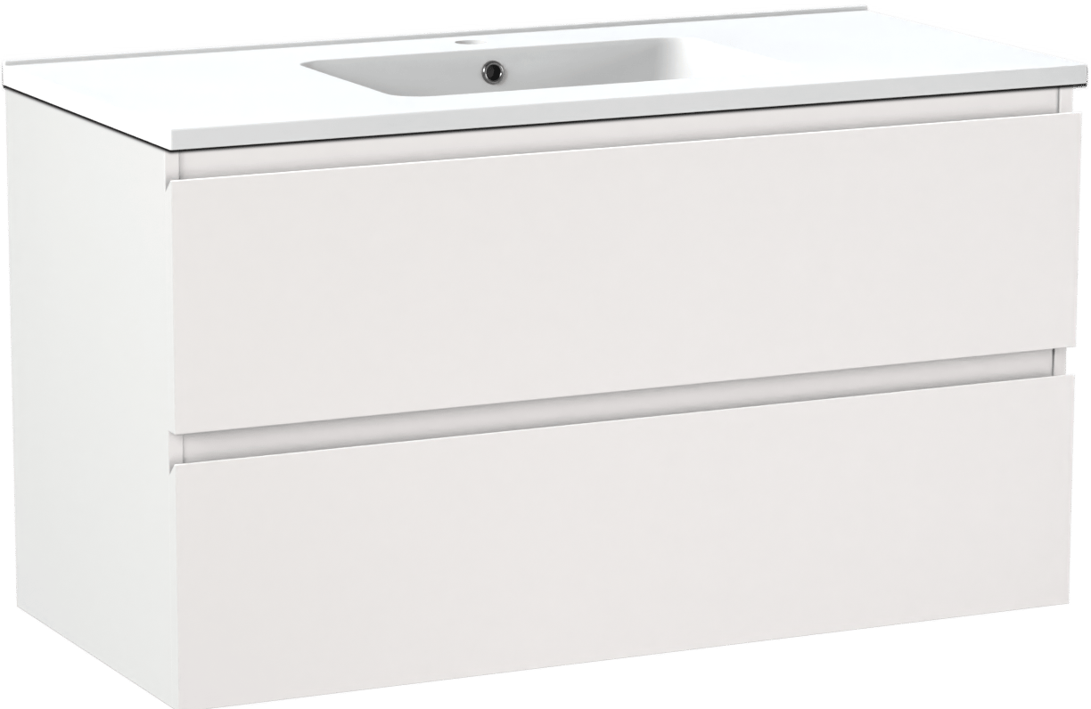 Linie Lado zwevend badmeubel 100 x 46 cm mat wit met Vano enkele wastafel in composietmarmer mat wit