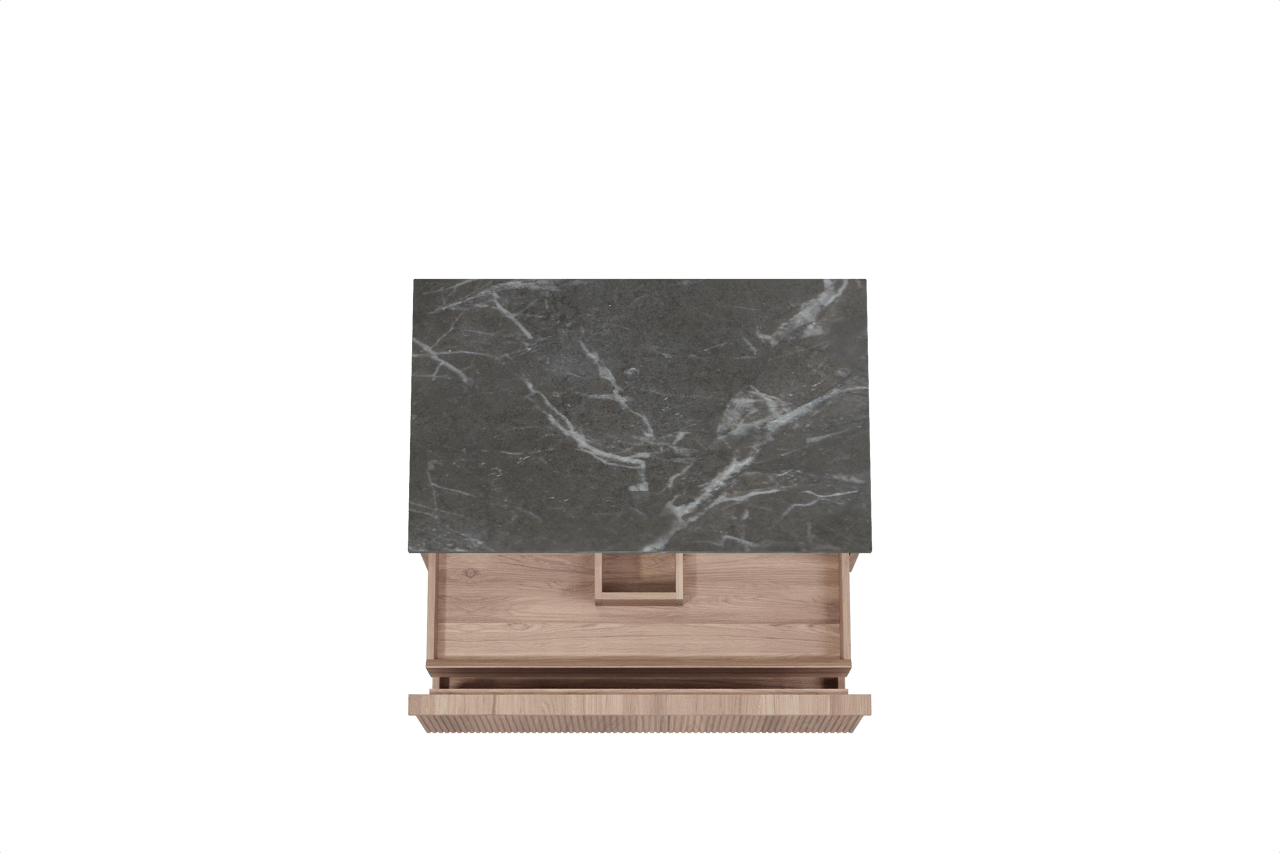 Balmani Forma zwevend badmeubel 90 x 55 cm teakhout met Stretto enkel wastafelblad in marmer pietra grey, Verticale symmetrische rechte ribbel