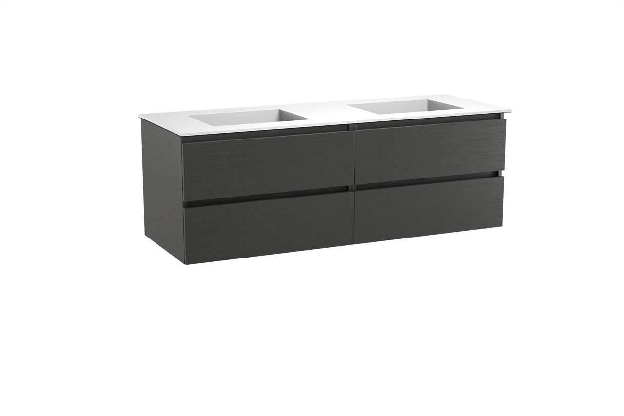 Balmani Lucida meuble salle de bains suspendu 150 x 55 cm chêne noir avec Tablo Stretto double vasque en solid surface blanc mat