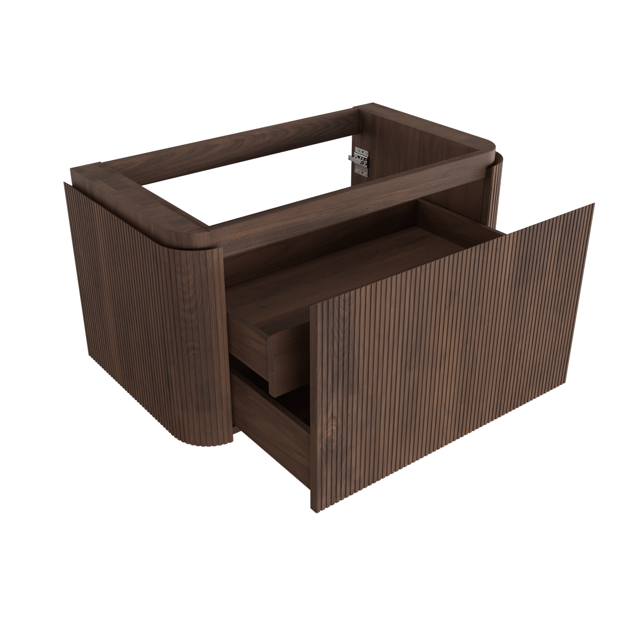 Balmani Moon hängender Waschbeckenunterschrank: 100 x 55 cm, amerikanischer Nussbaum, 2 Schubladen, Vert. Sym. Rippe