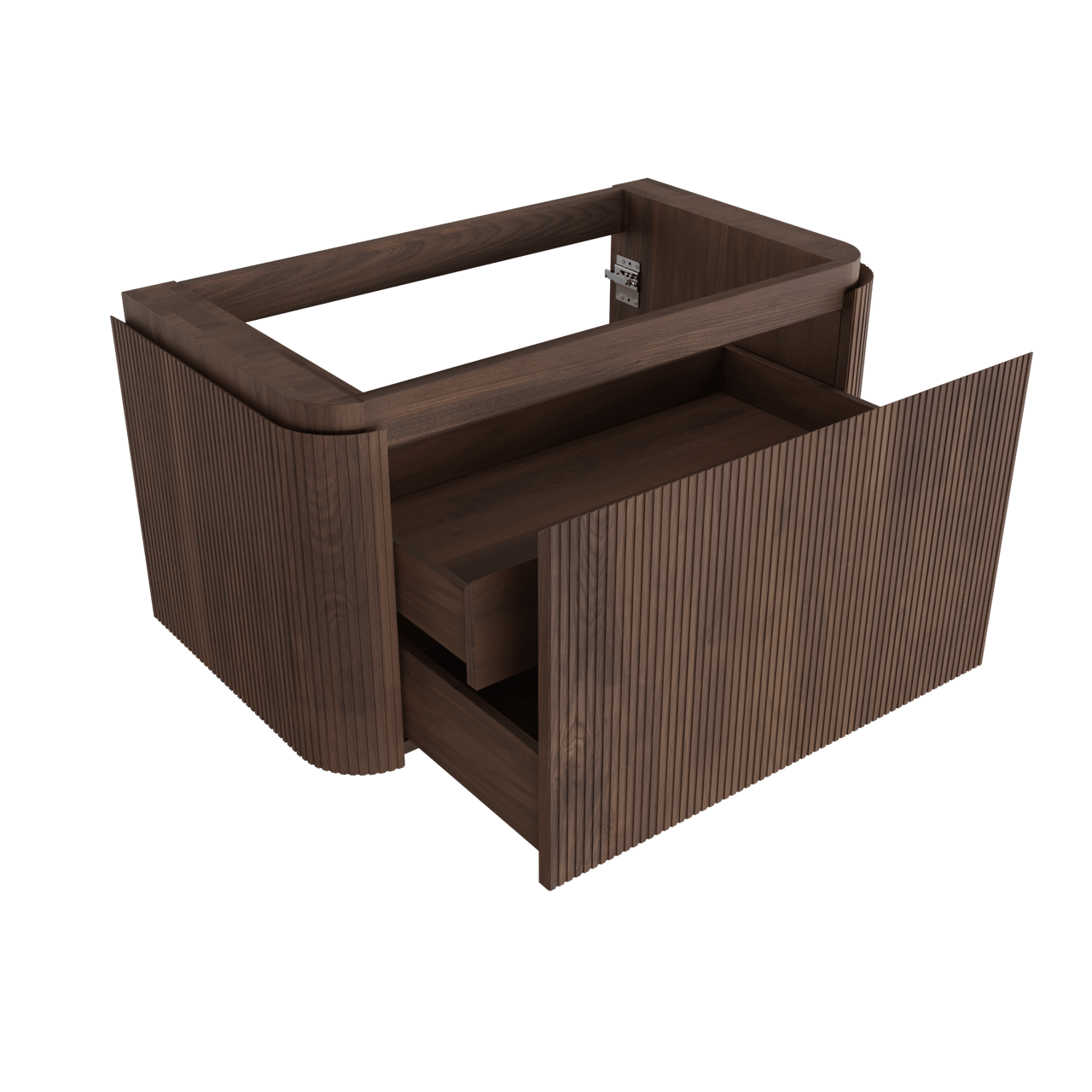 Balmani Moon hängender Waschbeckenunterschrank: 100 x 55 cm, amerikanischer Nussbaum, 2 Schubladen, Vert. Sym. Rippe