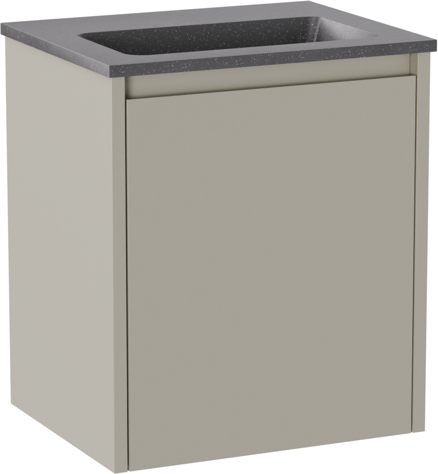 Storke Seda zwevend badkamermeubel 45 x 35 cm zijdegrijs met Scuro enkele wastafel in kwarts mat zwart