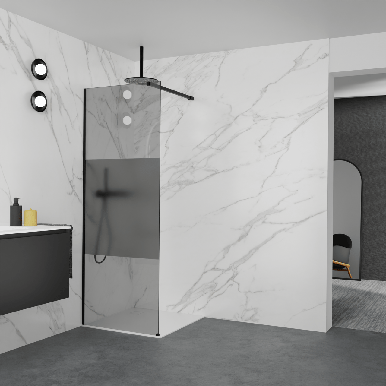 Balmani Modular douche à l'italienne: 80 x 200 cm, Verre fumé avec bande matte, avec coating, Profil Noir mat