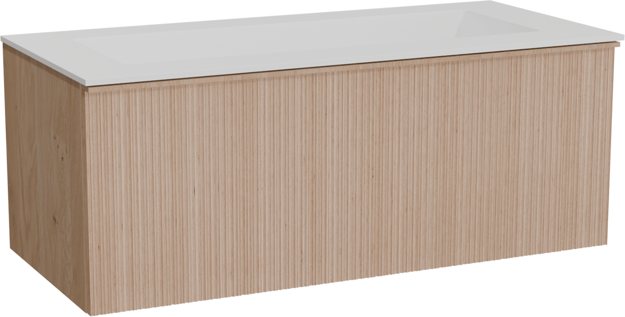 Balmani Forma zwevend badmeubel 120 x 55 cm naturel eiken met Tablo Stretto enkele wastafel voor 2 kraangaten in solid surface mat wit, Verticale asymmetrische ronde ribbel