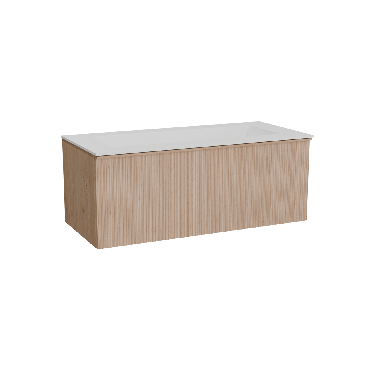 Balmani Forma hängendes Möbelstück Set: 120 x 55 cm, Naturbelassene Eiche, mit Tablo Stretto Einzelwaschtisch für 2 Armaturenlöcher, Solid Surface, Weiß matt, Vertikale asymmetrische Runde Rippe