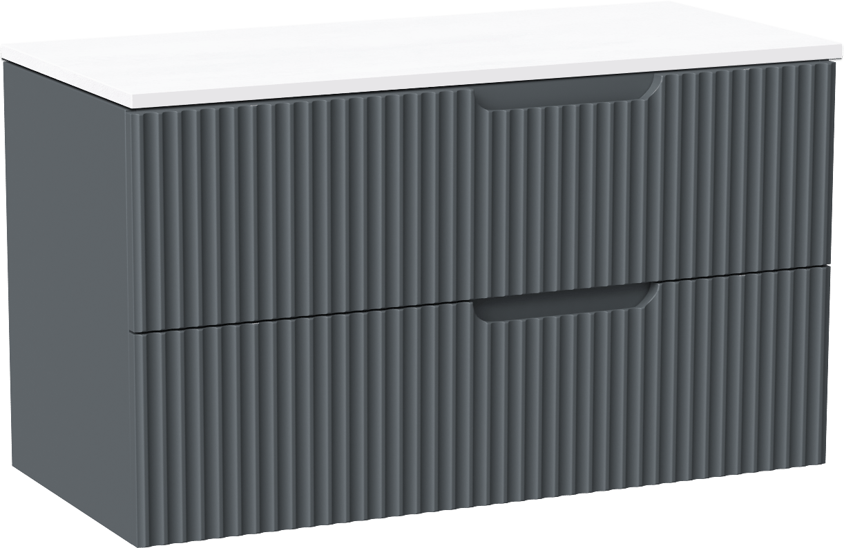 Linie Ribbo meuble salle de bains suspendu 100 x 46 cm bleu anthracite avec Lado tablette simple ou double en marbre composite blanc brillant, Nervure circulaire symétrique verticale