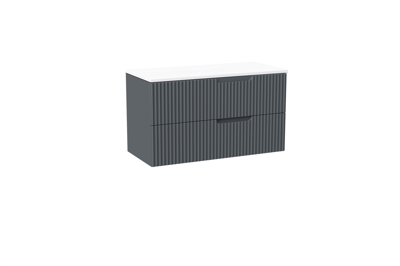 Linie Ribbo meuble salle de bains suspendu 100 x 46 cm bleu anthracite avec Lado tablette simple ou double en marbre composite blanc brillant, Nervure circulaire symétrique verticale