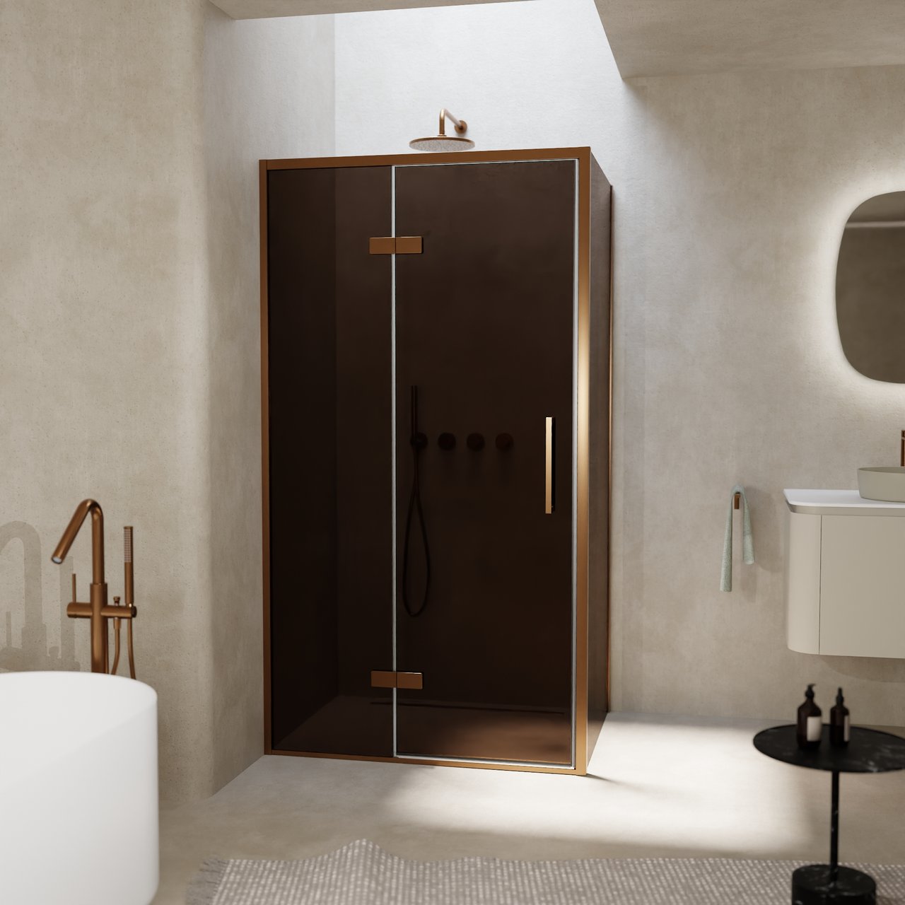 Balmani Senses Design Eckdusche: Drehtür (Links) mit fixierte Seitenwand, 100 x 100 cm, Bronze, Profil Brushed Rosegold, inklusive Coating