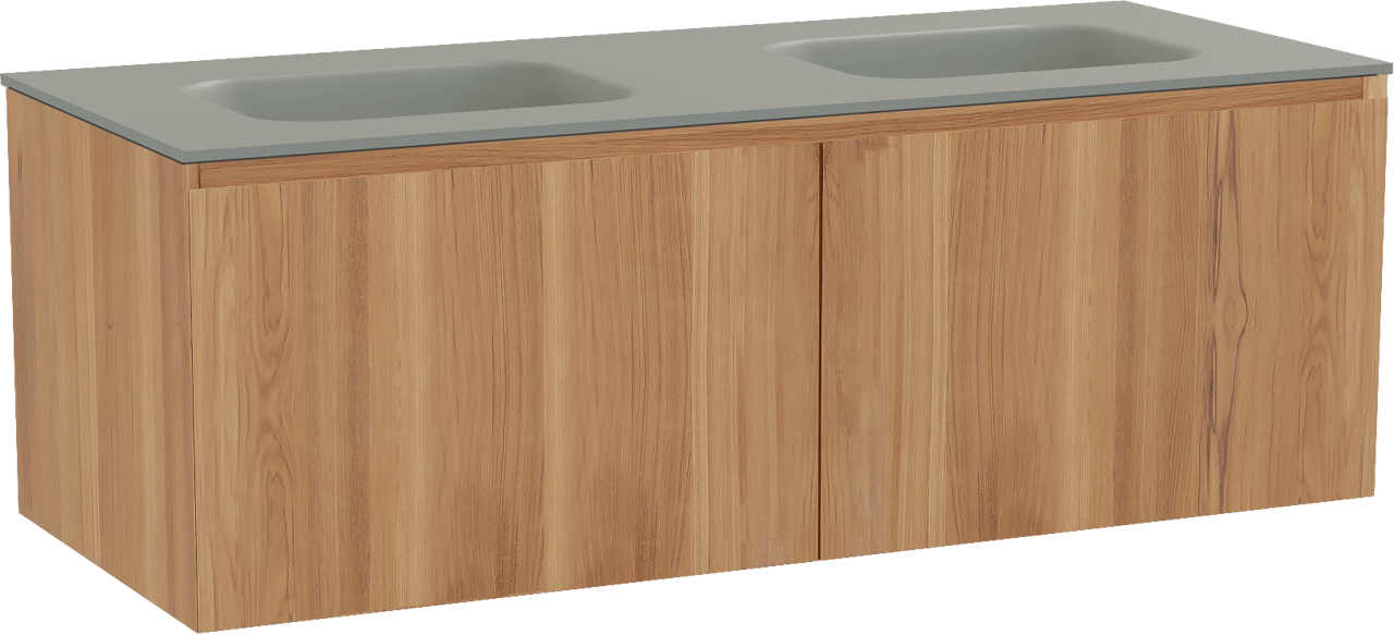 Balmani Idra meuble salle de bains suspendu 135 x 55 cm teck avec Tablo Arcato double vasque en solid surface gris pierre