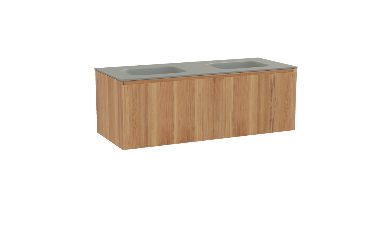 Balmani Idra meuble salle de bains suspendu 135 x 55 cm teck avec Tablo Arcato double vasque en solid surface gris pierre