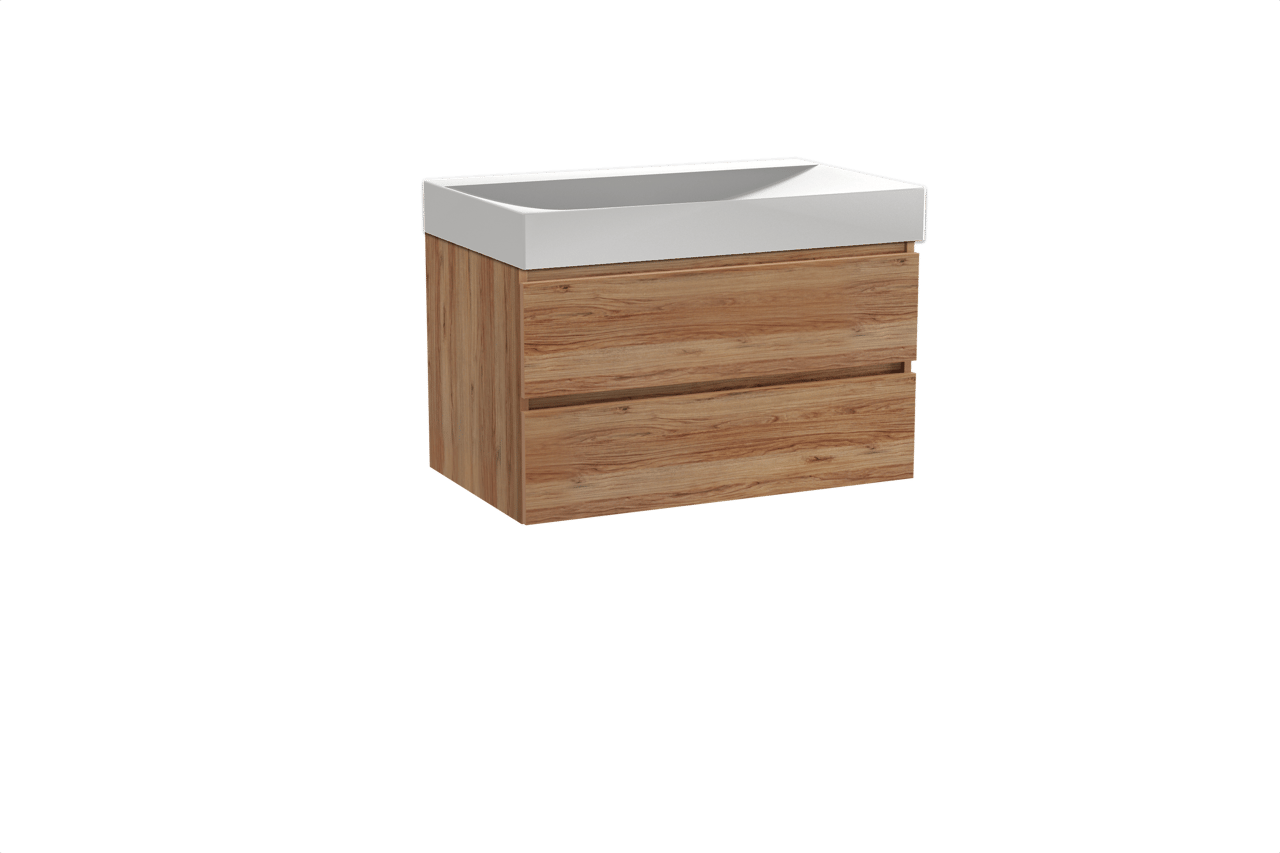 Balmani Lucida meuble salle de bains suspendu 90 x 55 cm teck avec Wave plan simple en solid surface blanc mat
