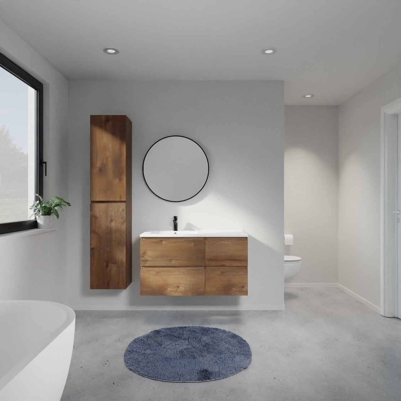 Linie Lado zwevend badkamermeubel 100 x 46 cm bruine eik met Vano asymmetrisch linkse wastafel in composietmarmer mat wit