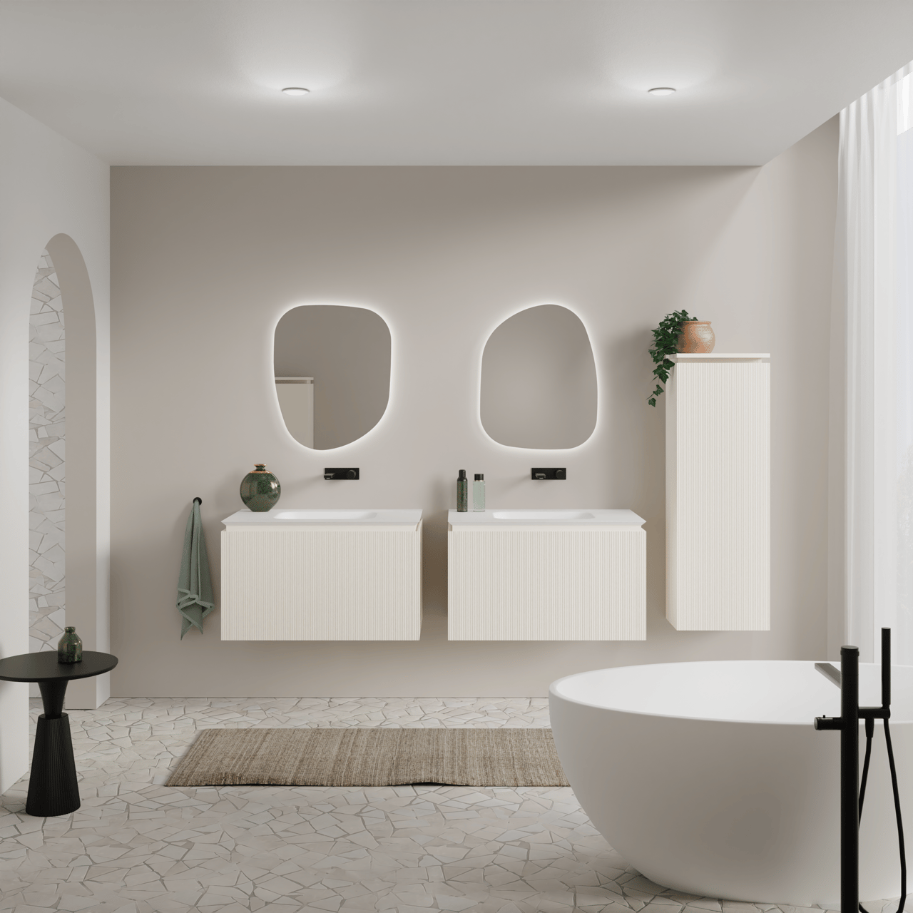 Balmani Eclips meuble salle de bains suspendu 90 x 55 cm Sandbeige avec Eclips plan simple en Solid Surface blanc mat, Nervure droite symétrique verticale