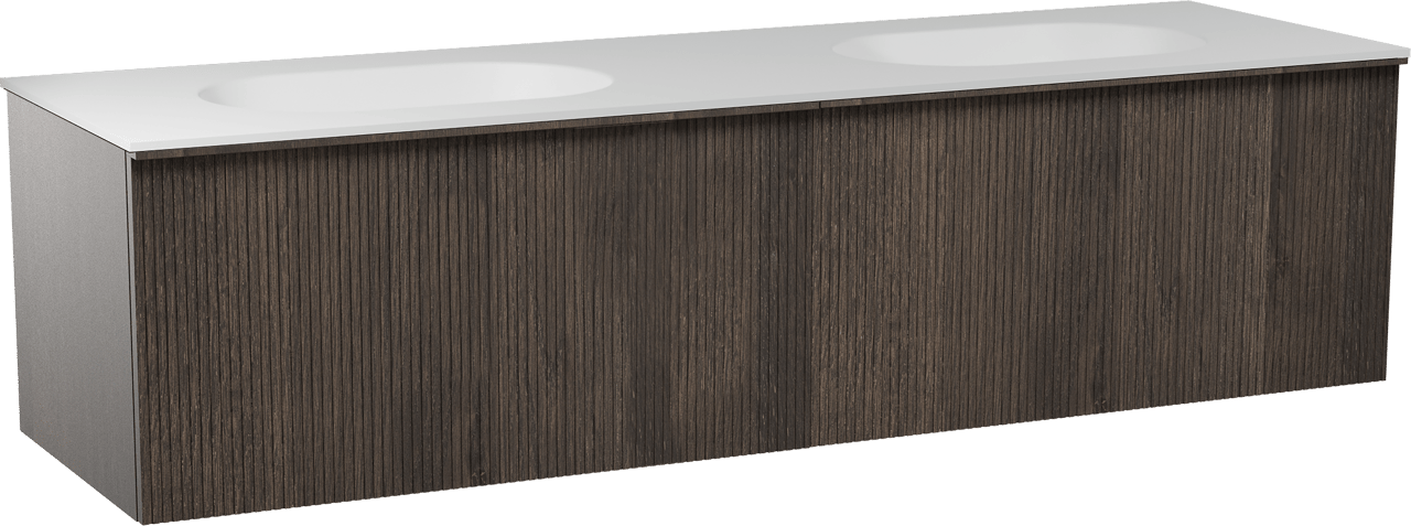 Balmani Forma meuble salle de bains suspendu 180 x 55 cm chêne fumé avec Tablo Oval double vasque en solid surface blanc mat, Nervure droite symétrique verticale