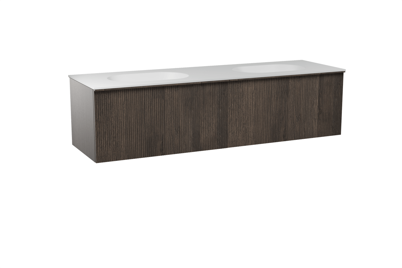 Balmani Forma meuble salle de bains suspendu 180 x 55 cm chêne fumé avec Tablo Oval double vasque en solid surface blanc mat, Nervure droite symétrique verticale