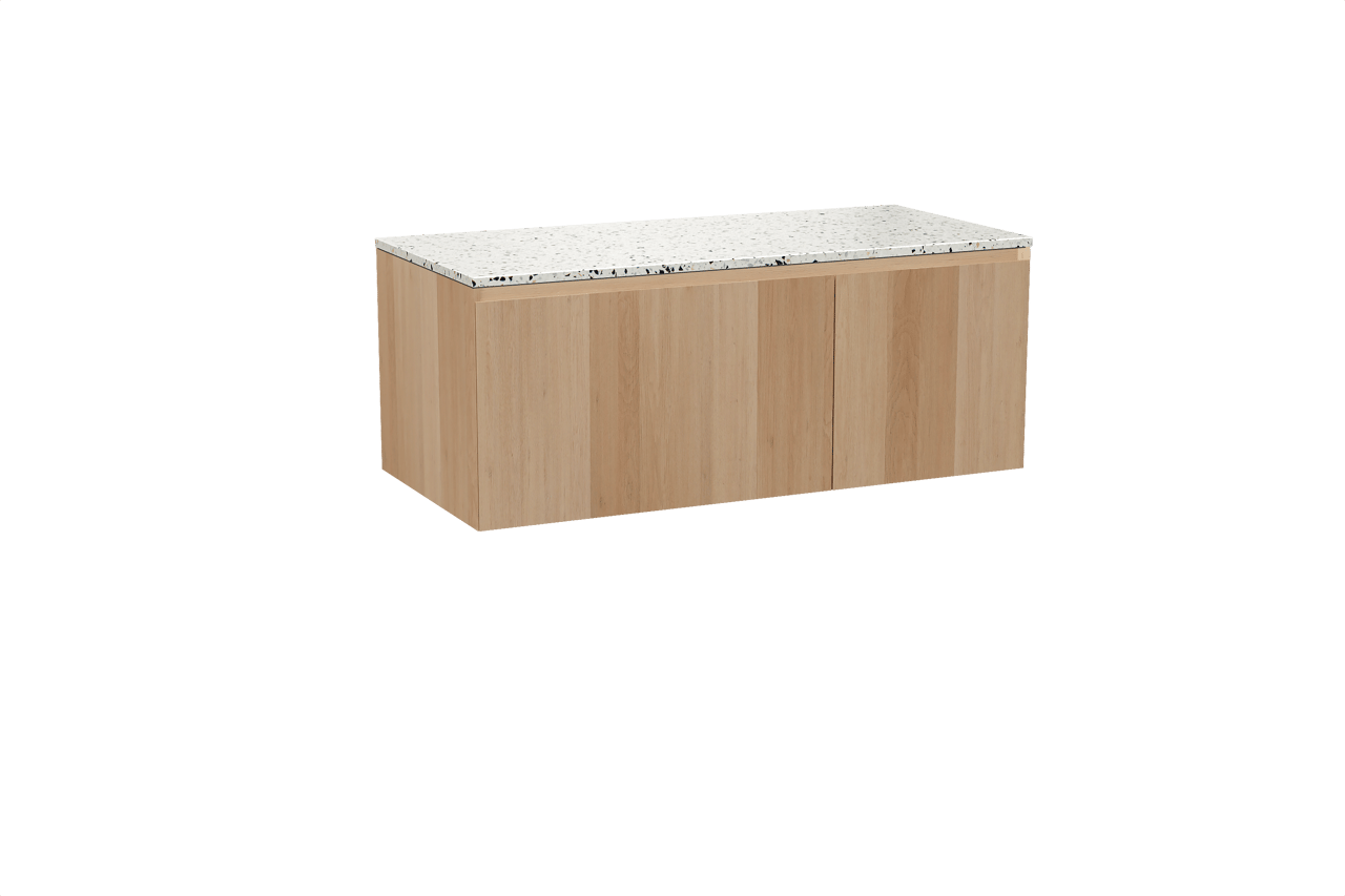 Balmani Idra meuble salle de bains suspendu 120 x 55 cm chêne naturel avec Stretto tablette simple ou double en blanc/noir mat terrazzo