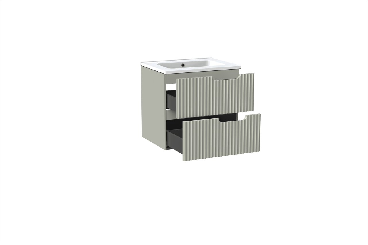 Linie Ribbo meuble salle de bains suspendu 60 x 46 cm greige avec Vano plan simple en marbre composite blanc brillant, Nervure circulaire symétrique verticale