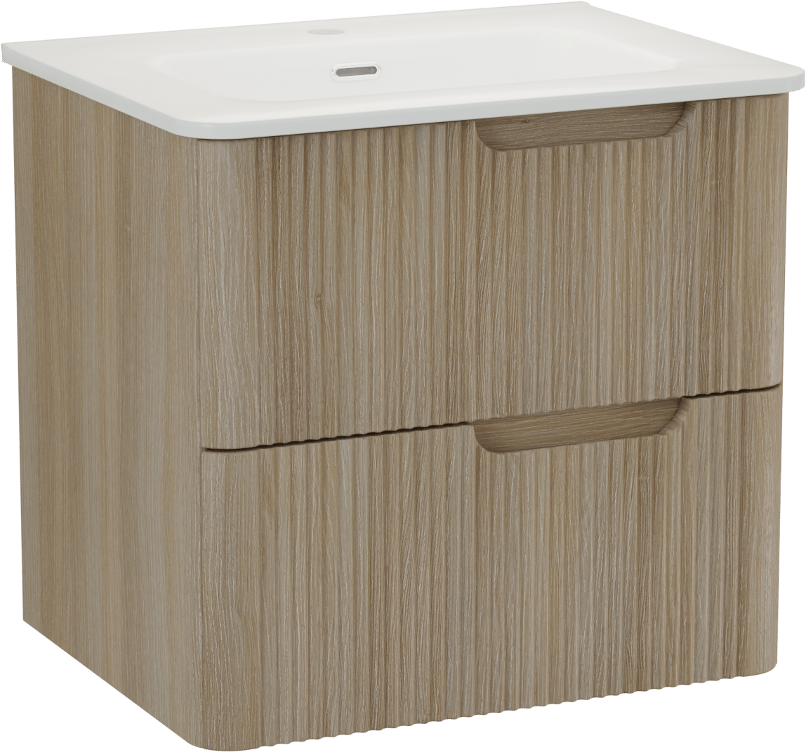 Linie Curvo hängendes Möbelstück Set: 60 x 46 cm, Eiche Hell, mit Baro Curvo Einzelwaschtisch Keramik Weiβ glänzend, Vertikale symmetrische runde Rippe