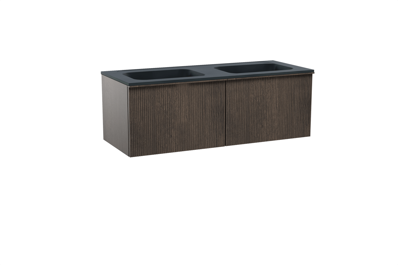 Balmani Forma hängendes Möbelstück Set: 135 x 55 cm, Geräucherte Eiche, mit Tablo Strada Doppelwaschtisch, Marmorkomposit, Schwarz matt, Vertikale symmetrische gerade Rippe