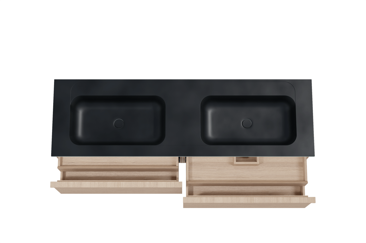 Balmani Forma hängendes Möbelstück Set: 180 x 55 cm, Naturbelassene Eiche, mit Tablo Strada Doppelwaschtisch, Marmorkomposit, Schwarz matt, Horizontale symmetrische gerade Rippe