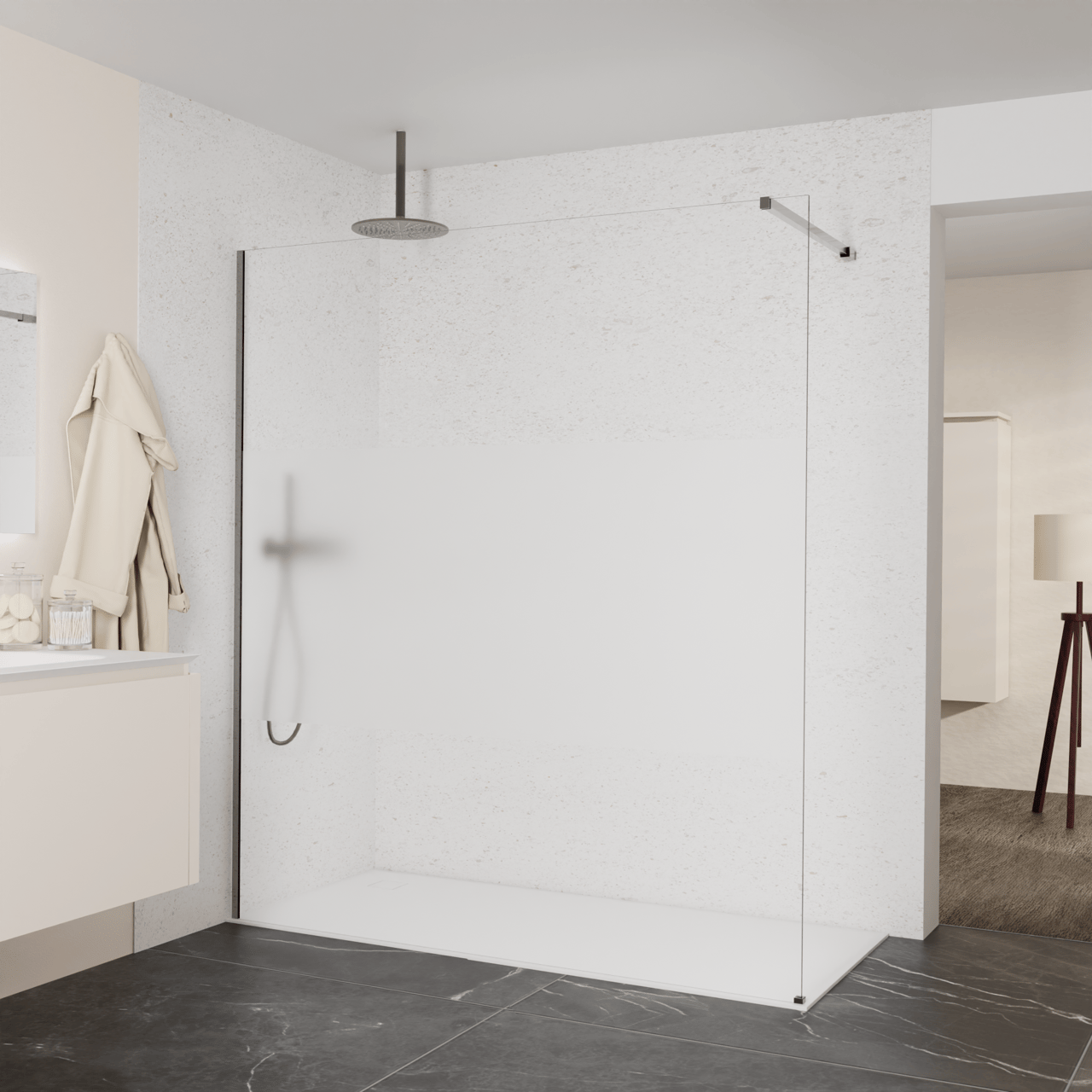 Balmani Modular inloopdouche: 180 x 200 cm, Helder glas met matte strook, Brushed GunMetal profielen