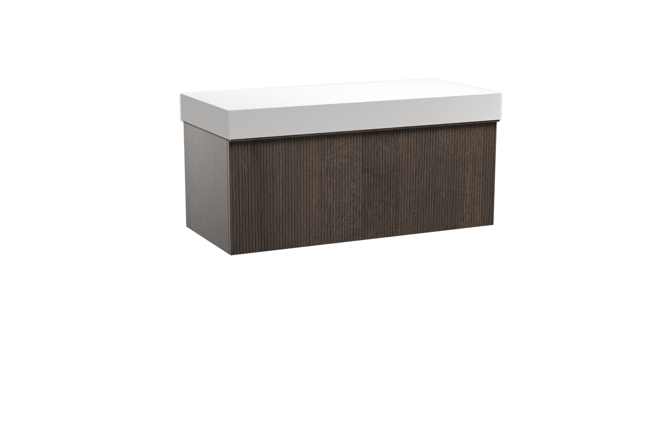 Balmani Forma meuble salle de bains suspendu 120 x 55 cm chêne fumé avec Dominus tablette simple ou double en solid surface blanc mat, Nervure droite symétrique verticale