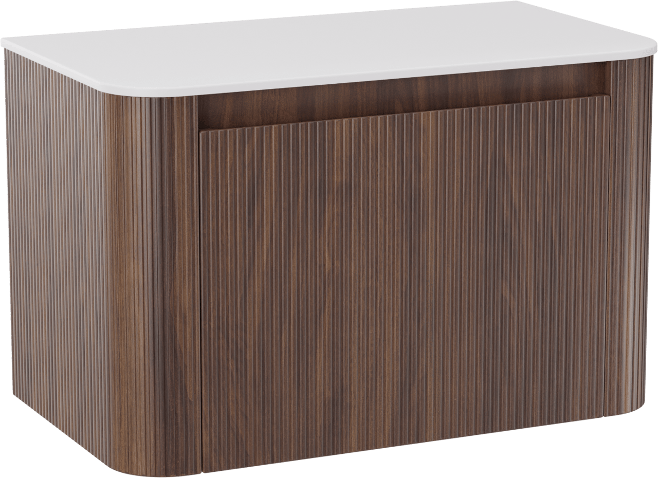 Storke Soft zwevend badkamermeubel 80 x 46 cm notelaar met Tavola Soft enkele tablet in solid surface mat wit, Verticale symmetrische rechte ribbel