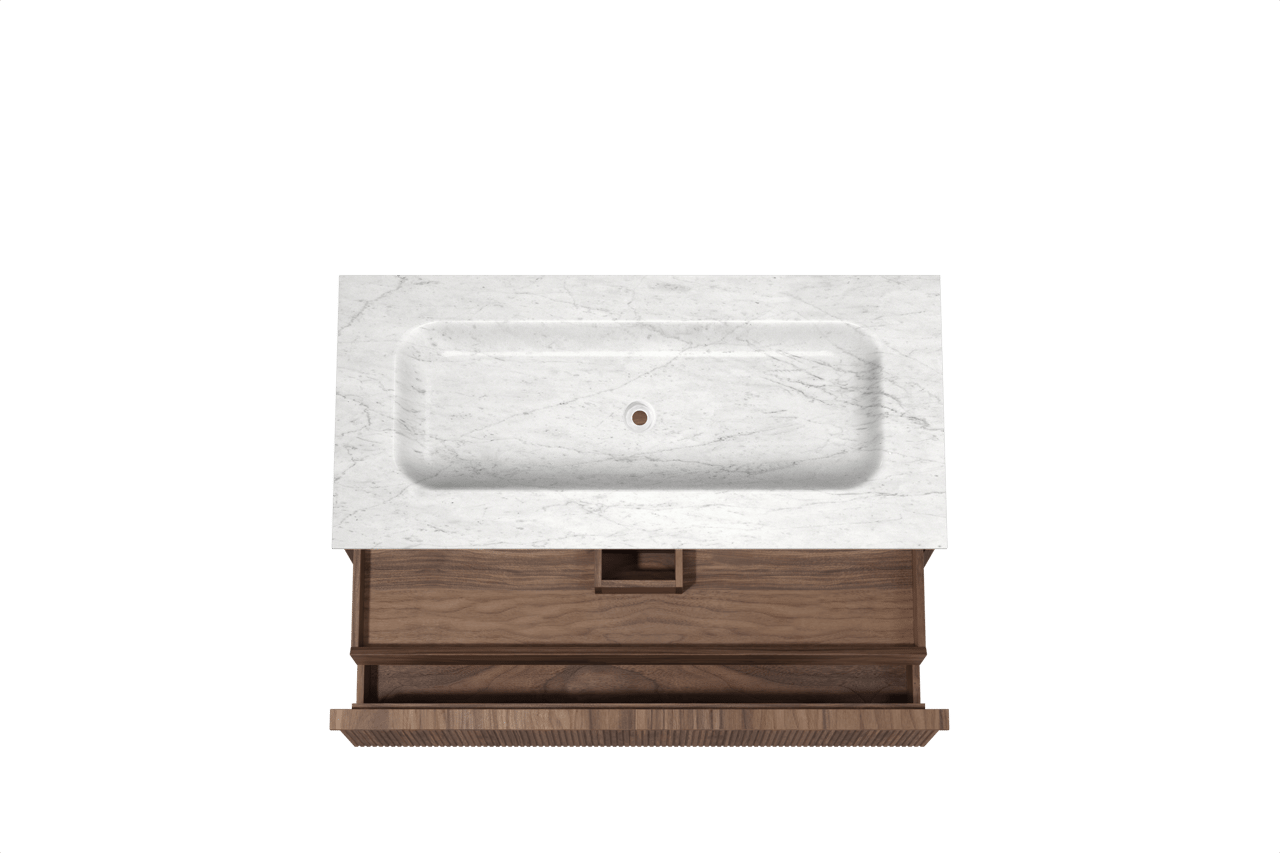 Balmani Forma hängendes Möbelstück Set: 120 x 55 cm, Amerikanischer Nussbaum, mit Tablo Arcato Einzelwaschtisch, Marmor, Carrara, Vertikale symmetrische gerade Rippe