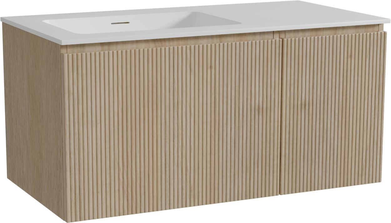 Storke Ribs hängendes Möbelstück Set: 100 x 52 cm, Rohe Eiche, mit Mata Waschtisch links, Solid Surface, Weiß matt, Vertikale symmetrische gerade Rippe