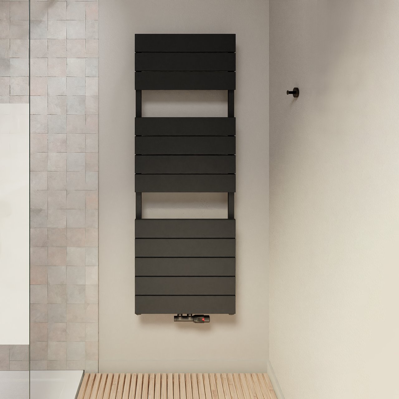 Vipera Teide enkele handdoekradiator 50 x 142 cm zowel elektrisch als cv mogelijk mat zwart zij- en middenaansluiting 821W