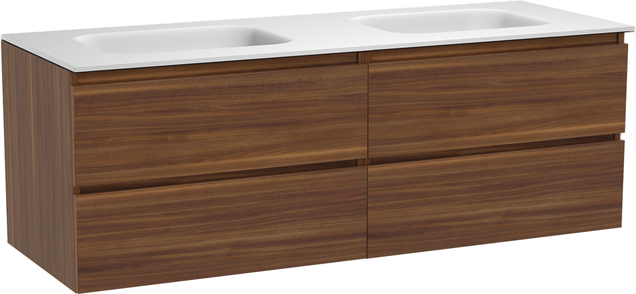 Balmani Lucida meuble salle de bains suspendu 150 x 55 cm noyer américain avec Tablo Arcato double vasque en solid surface blanc mat