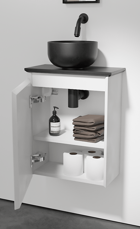 Balmani Mitra meuble wc suspendu 42 x 21 cm blanc mat avec Facetta tablette et Bowl vaque à poser en granite aiguisé