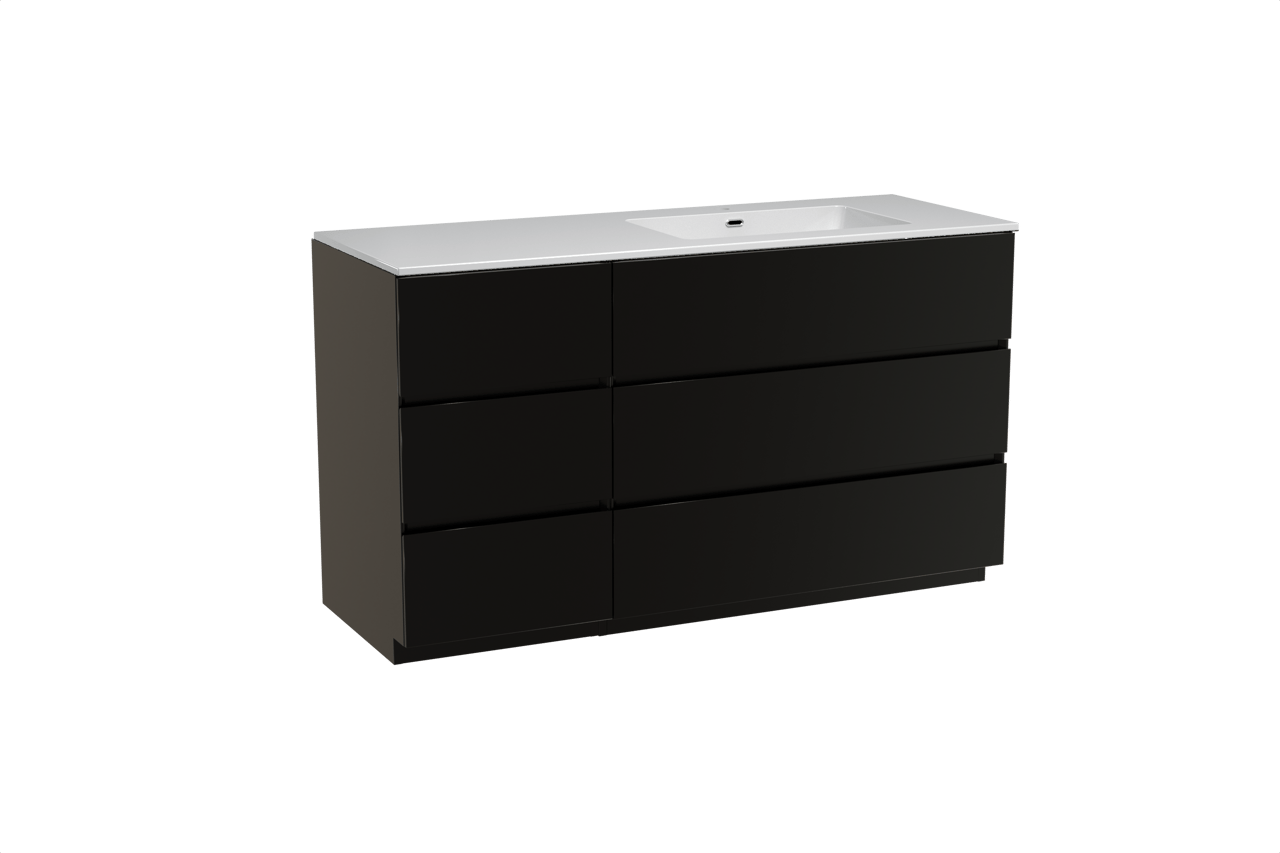 Storke Edge meuble salle de bains à poser 140 x 52 cm noir mat avec Diva plan vasque asymétrique à droite en marbre composite blanc brillant